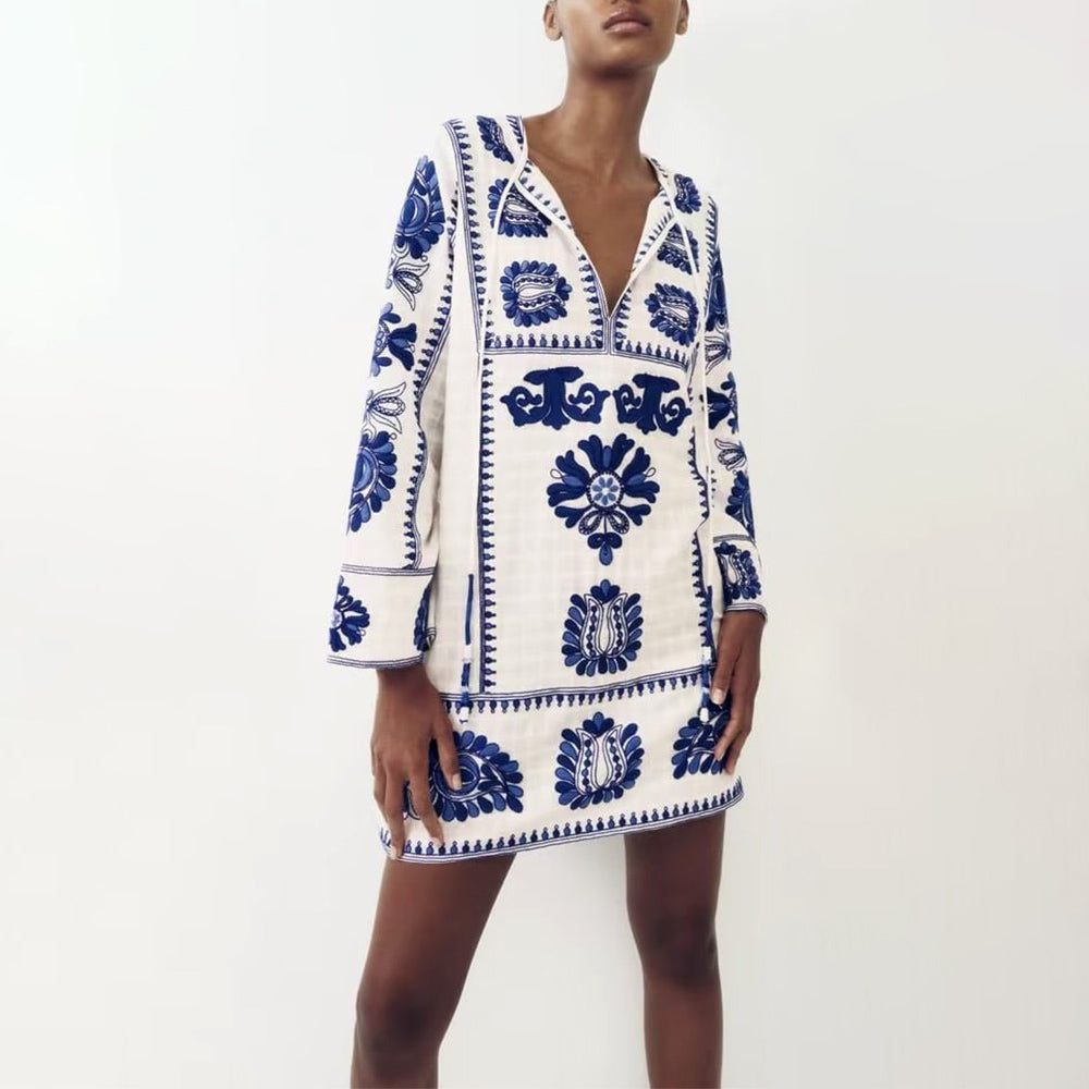 Blue Embroidered White Dress