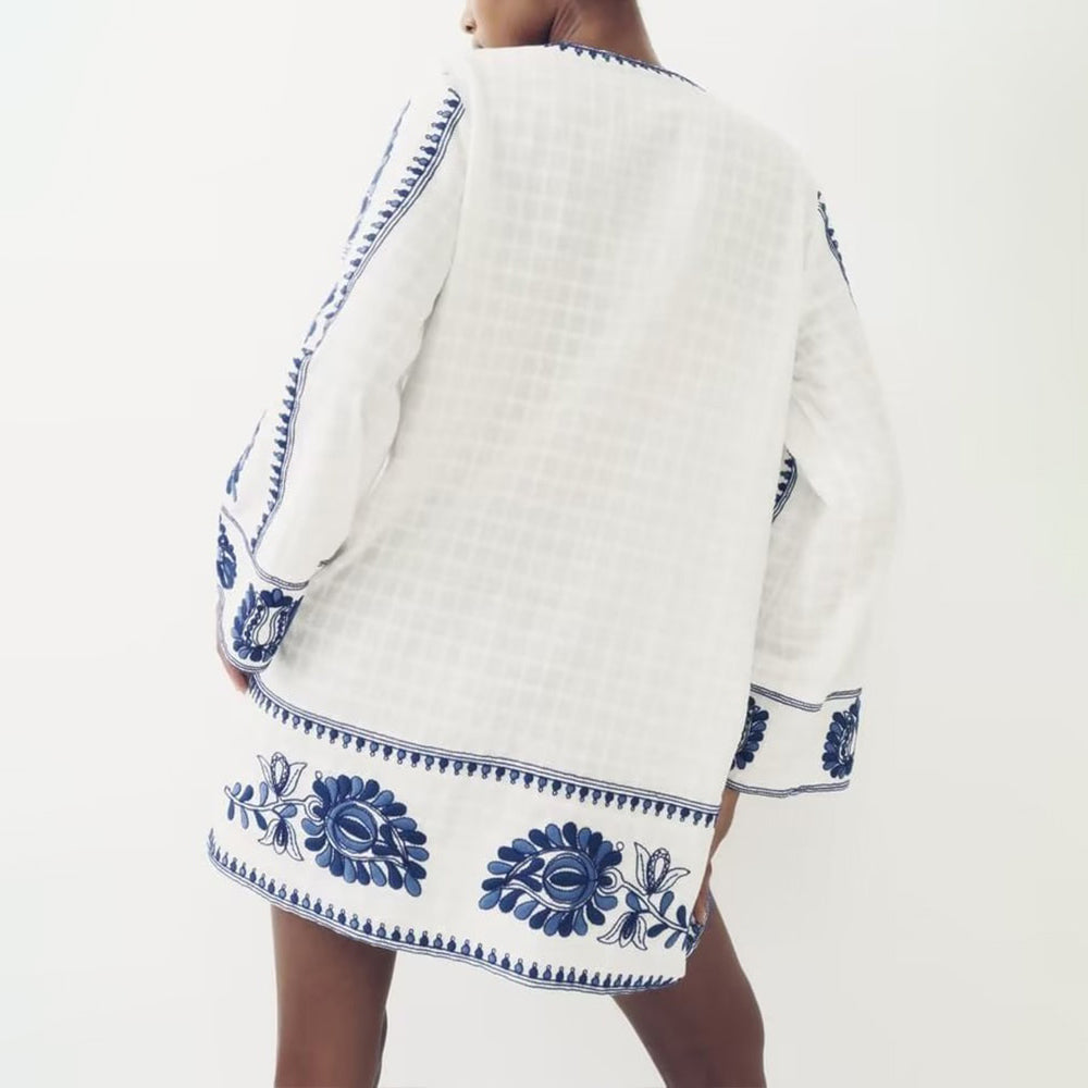 Blue Embroidered White Dress
