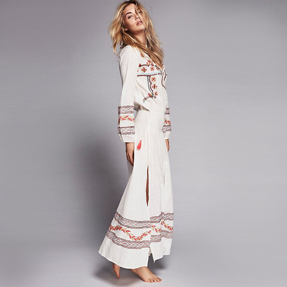 Bohemian Embroidered Tassel Maxi Dress