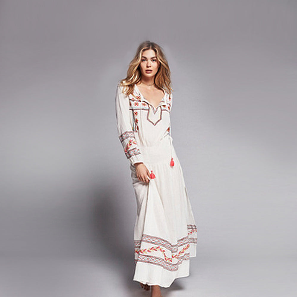 Bohemian Embroidered Tassel Maxi Dress