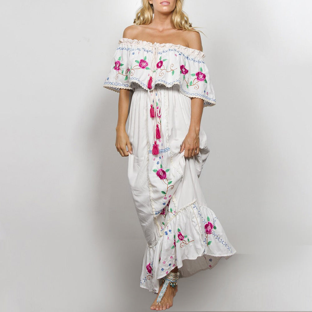 Bohemian Rose Embroidery Off-Shoulder Maxi Dress