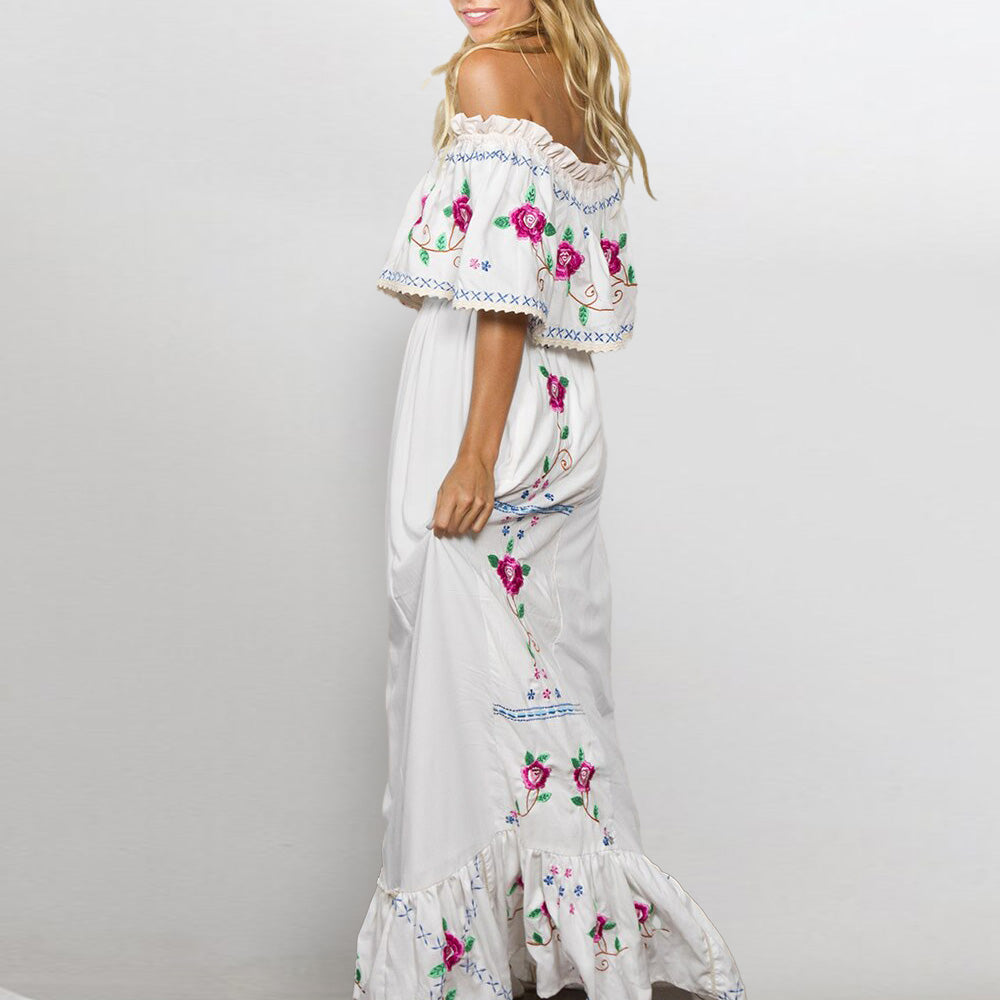Bohemian Rose Embroidery Off-Shoulder Maxi Dress