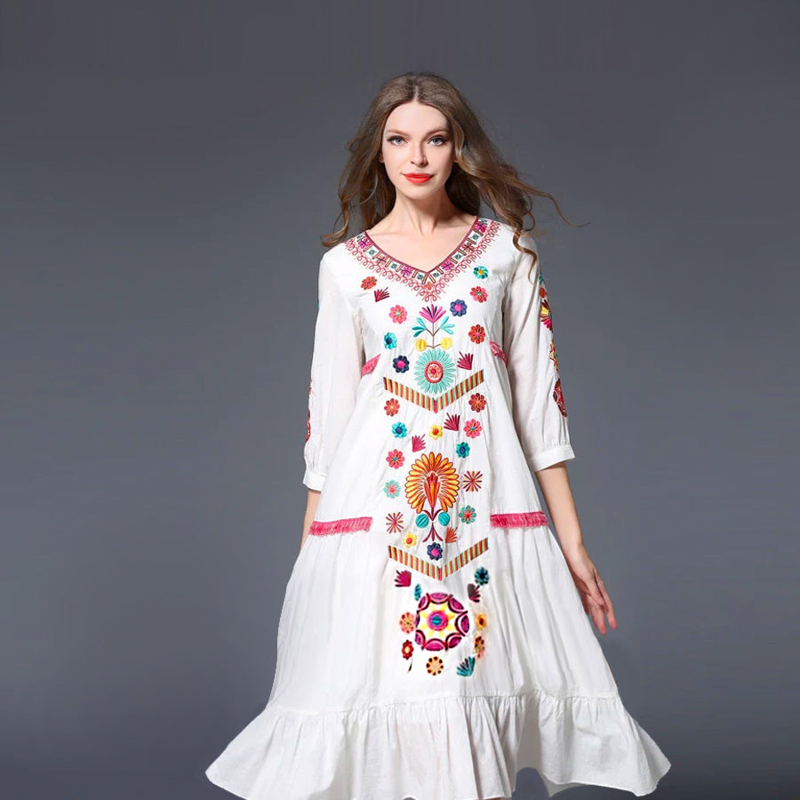 Boho Style Elegant Embroidery Cotton Long Dress