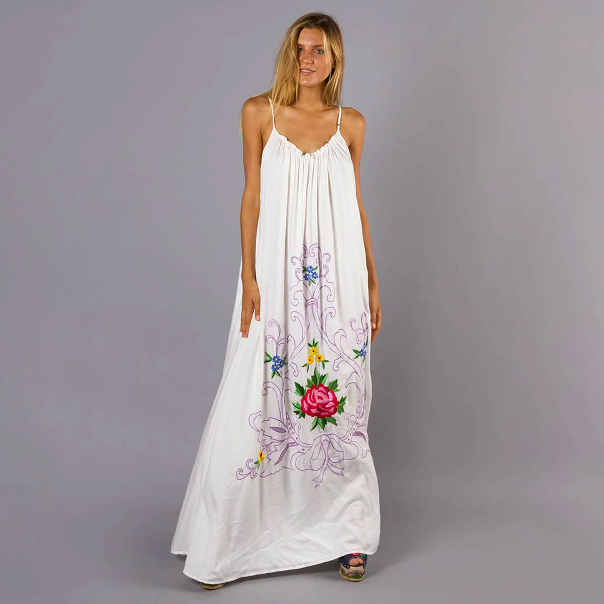 Boho Flower Embroidered White Cotton Maxi Dress