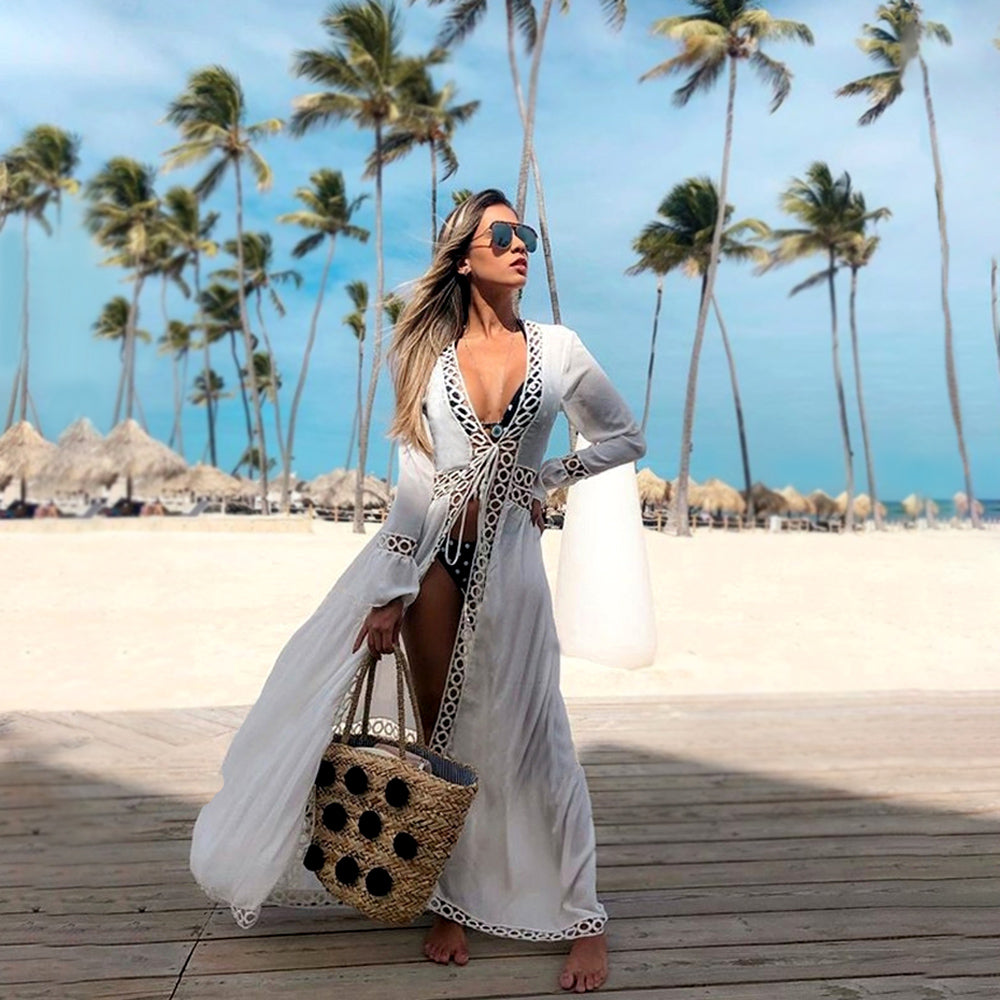 Cut Out Long Cover-Up White Kimono