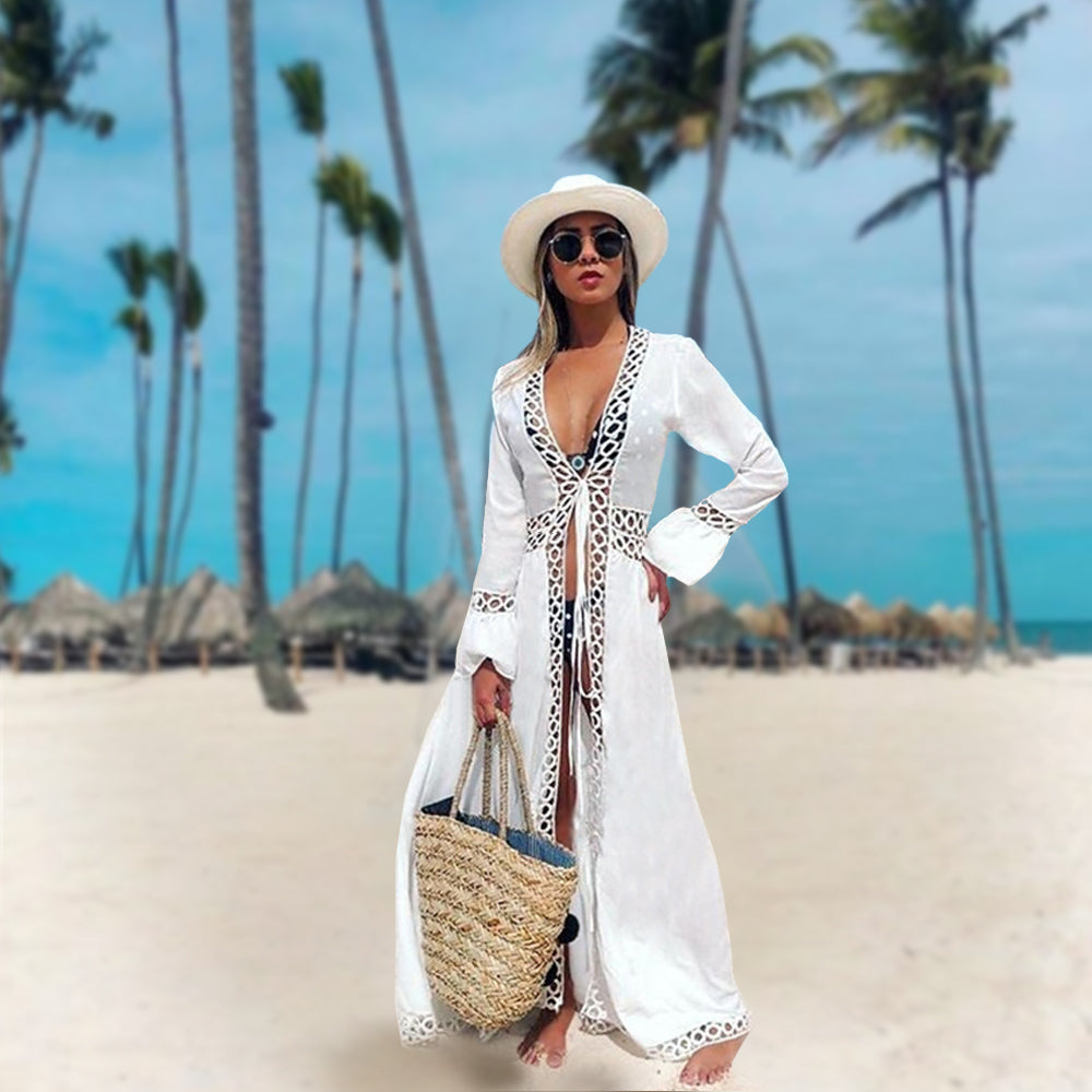 Cut Out Long Cover-Up White Kimono