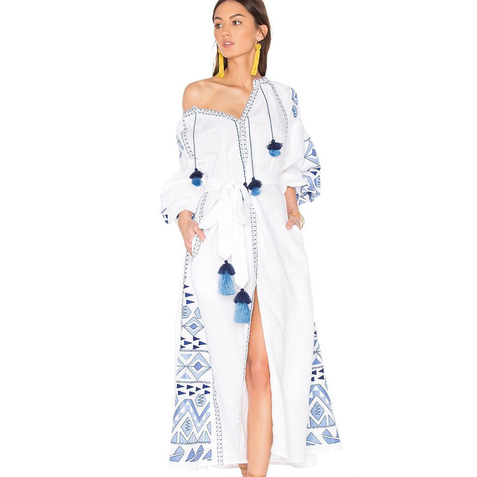 Ethnic Embroidery Linen White dress with Tassels