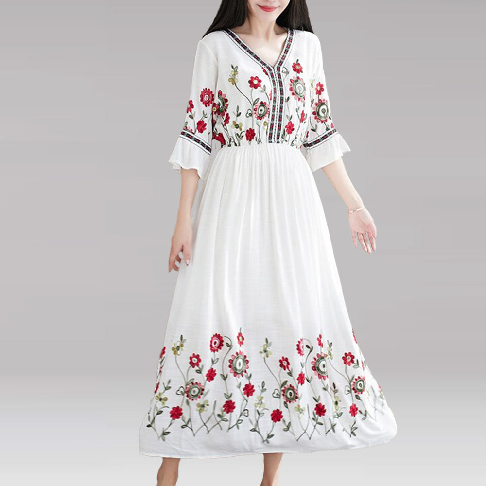 Flare Sleeve Flower Embroidery Boho Midi Dress