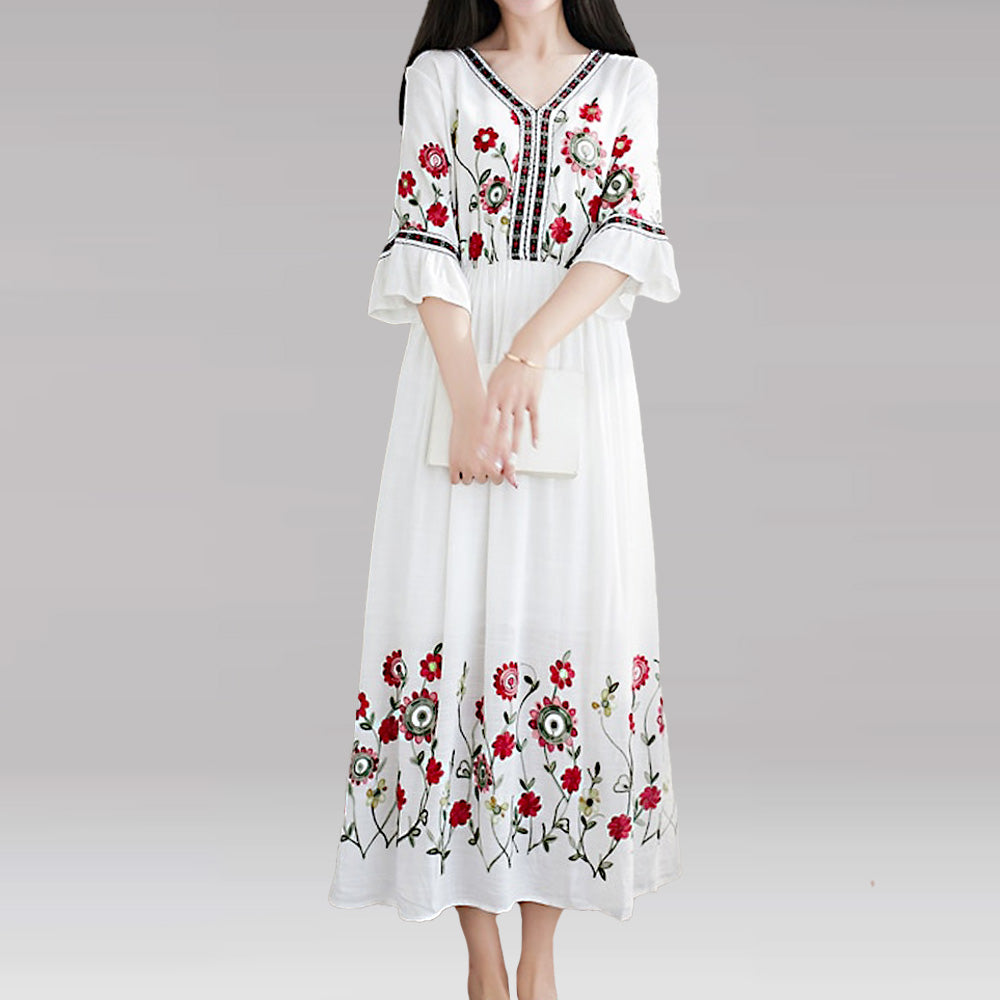Flare Sleeve Flower Embroidery Boho Midi Dress