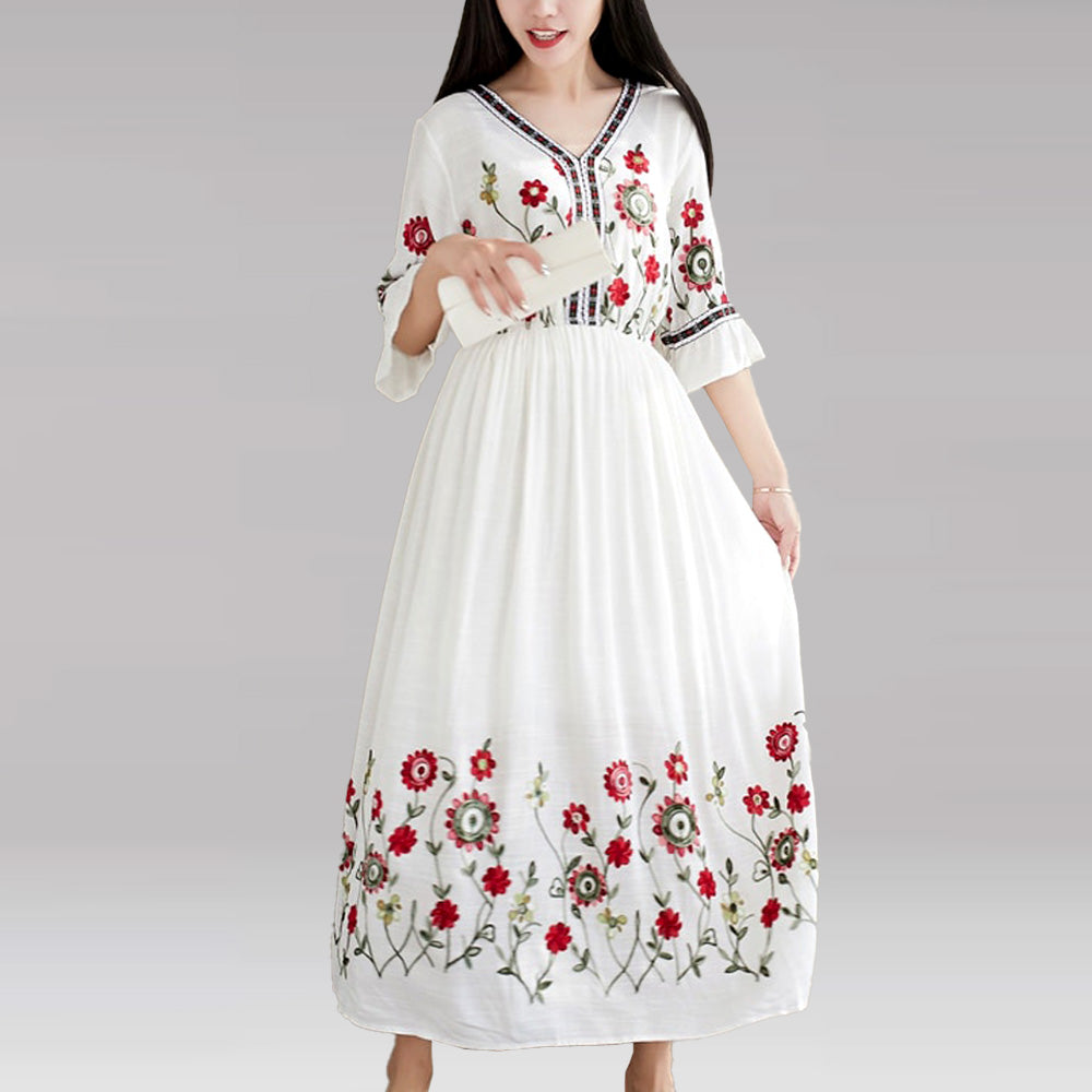 Flare Sleeve Flower Embroidery Boho Midi Dress