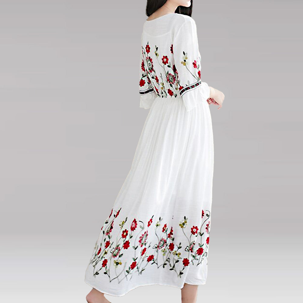 Flare Sleeve Flower Embroidery Boho Midi Dress