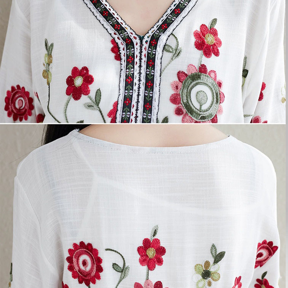 Flare Sleeve Flower Embroidery Boho Midi Dress
