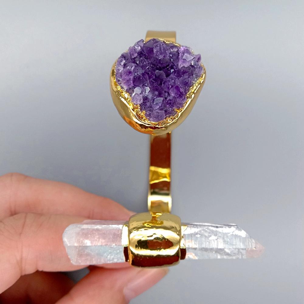 Natural Amethyst Druzy With White Quartz Gold Color Electroplated Bracelet