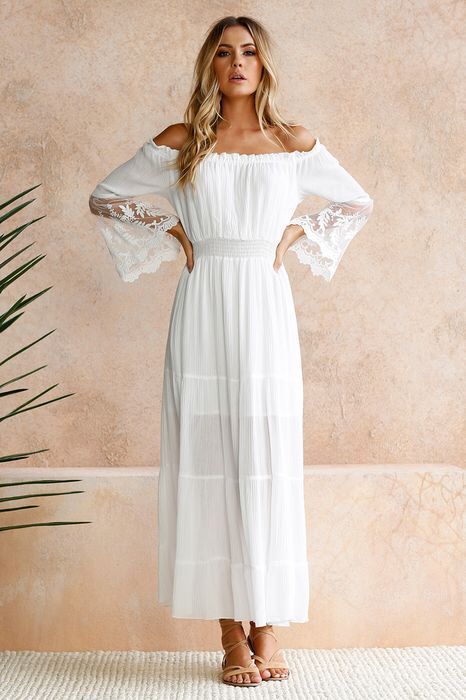 Boho White  Off  Shoulder Flare Lace Sleeve Dress