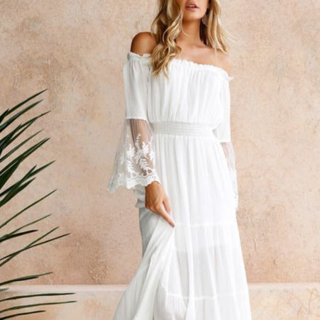 Boho White  Off  Shoulder Flare Lace Sleeve Dress