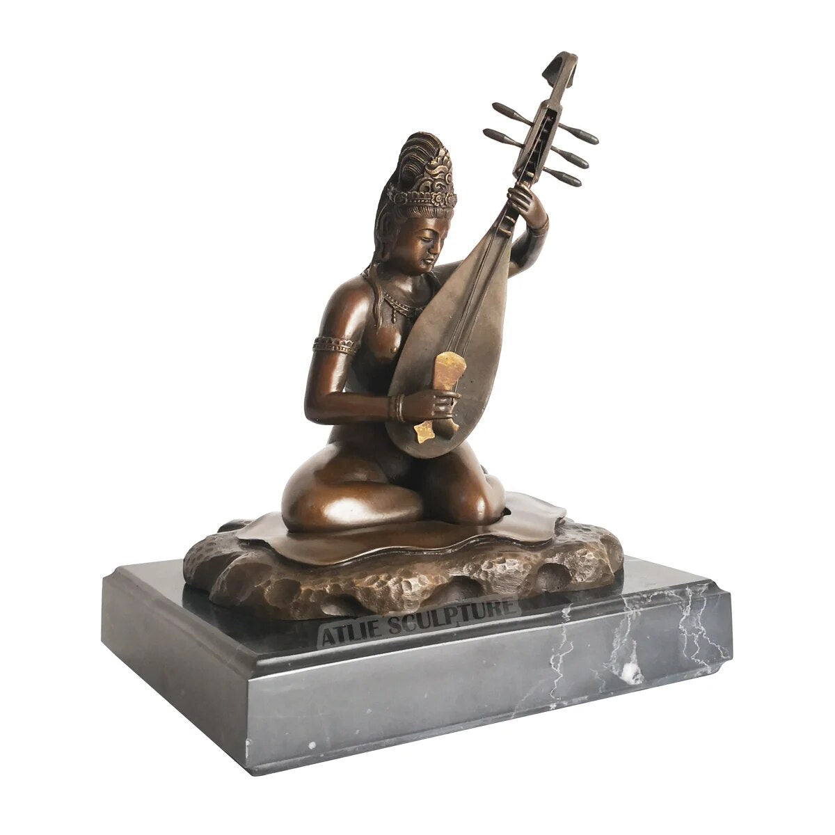 Exquisite 8.5-inch Bronze Goddess Saraswati Sculpture on Marble Base: A Harmonious Blend of Artistry and Divinity