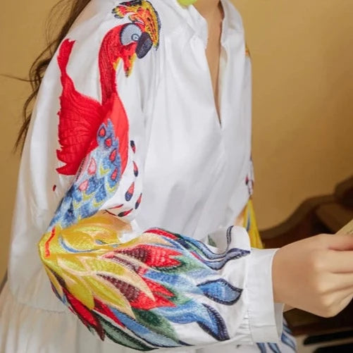 Bohemian Chic  Peacock Bird Embroidery Maxi  Dress with  Lantern Sleeves