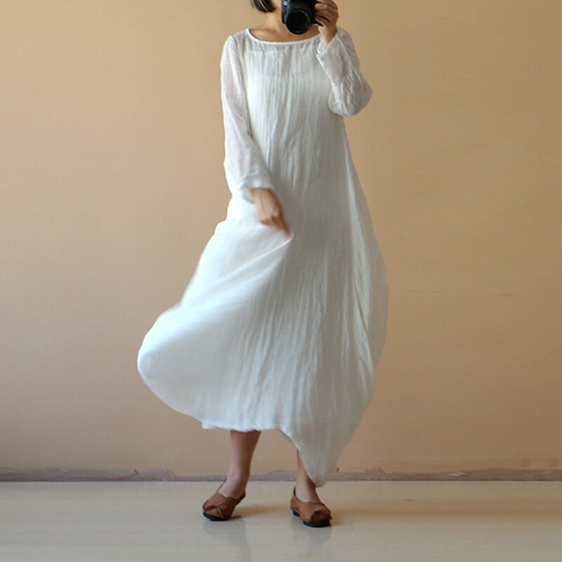 Natural Cotton Loose White Dress With Long Sleeve