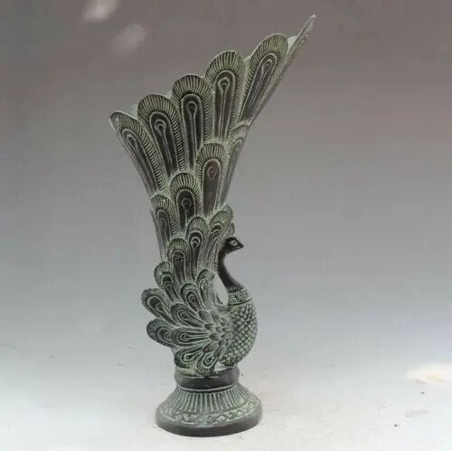Elegant Antique Bronze Peacock Sculptured Vase: A Symbol of Grace and Beauty for Home Decor