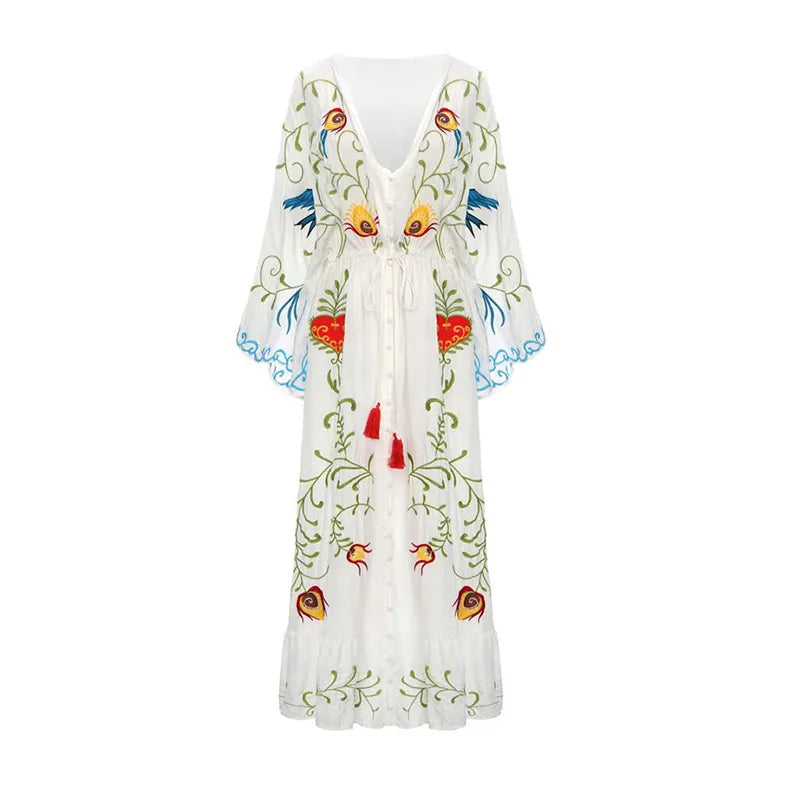 Bohemian Embroidered Flora & Fauna Maxi Kimono - Exquisite, Versatile Cover-Up