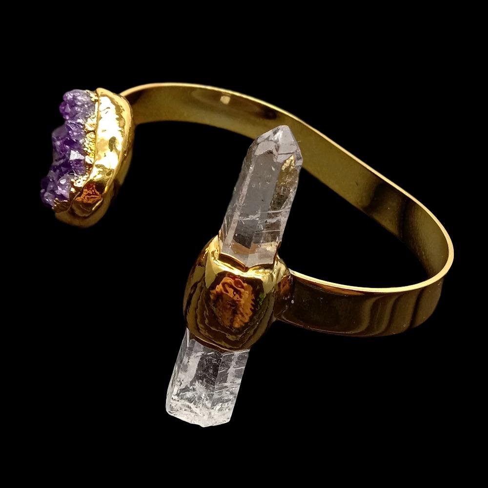 Natural Amethyst Druzy With White Quartz Gold Color Electroplated Bracelet