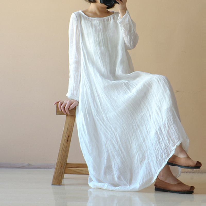 Natural Cotton Loose White Dress With Long Sleeve