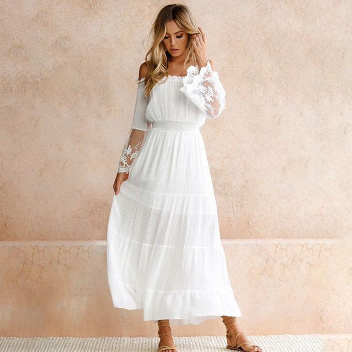 Boho White  Off  Shoulder Flare Lace Sleeve Dress