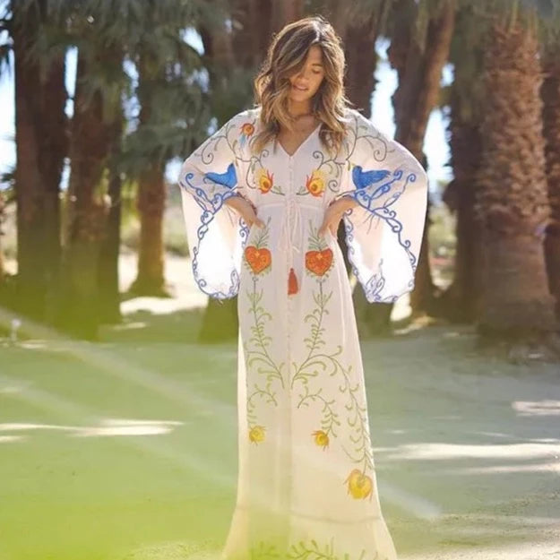 Bohemian Embroidered Flora & Fauna Maxi Kimono - Exquisite, Versatile Cover-Up