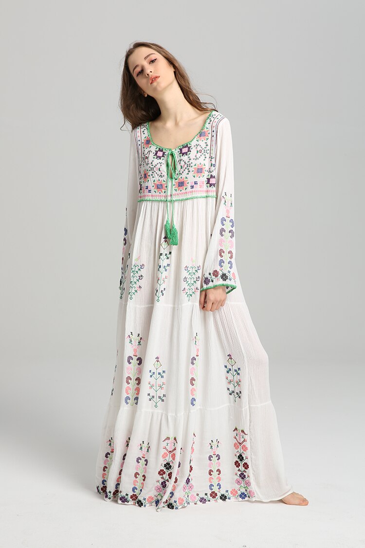 Bohemian Embroidered Cotton Maxi Dress