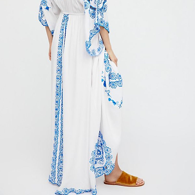 Bohemian Cotton Blue and White Porcelain Embroidery Maxi Dress with Flared Sleeves