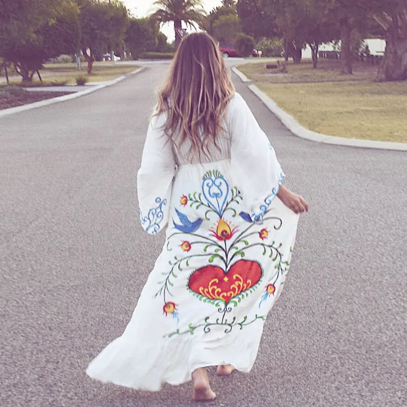 Bohemian Embroidered Flora & Fauna Maxi Kimono - Exquisite, Versatile Cover-Up