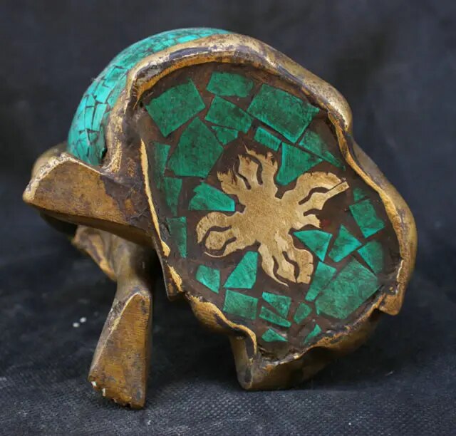 Antique 7.6-inch Pure Copper Meditation Buddha with Turquoise Inlays. Nepalese Craftsmanship