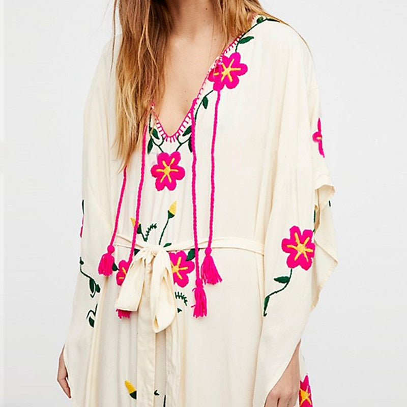 Boho Pink Flowers Embroidered Maxi Dress