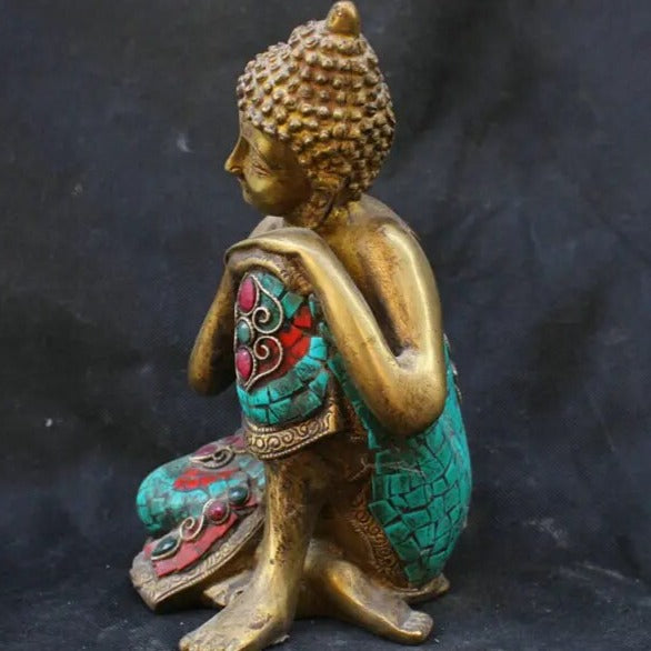 Antique 7.6-inch Pure Copper Meditation Buddha with Turquoise Inlays. Nepalese Craftsmanship