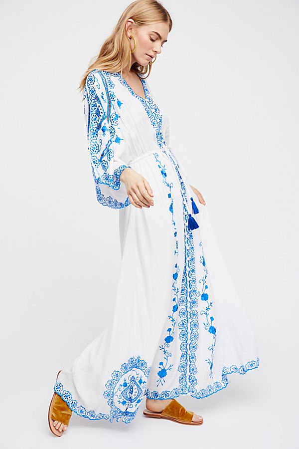 Bohemian Cotton Blue and White Porcelain Embroidery Maxi Dress with Flared Sleeves
