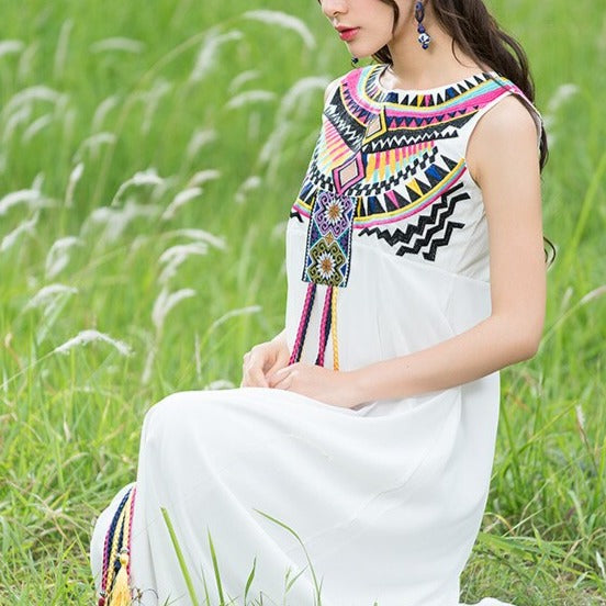 Geometric  Embroidery Tassel Sleeveless Midi Dress