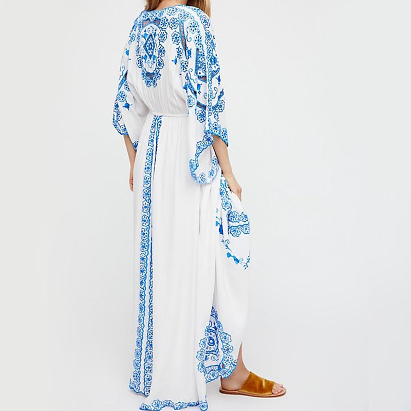 Bohemian Cotton Blue and White Porcelain Embroidery Maxi Dress with Flared Sleeves