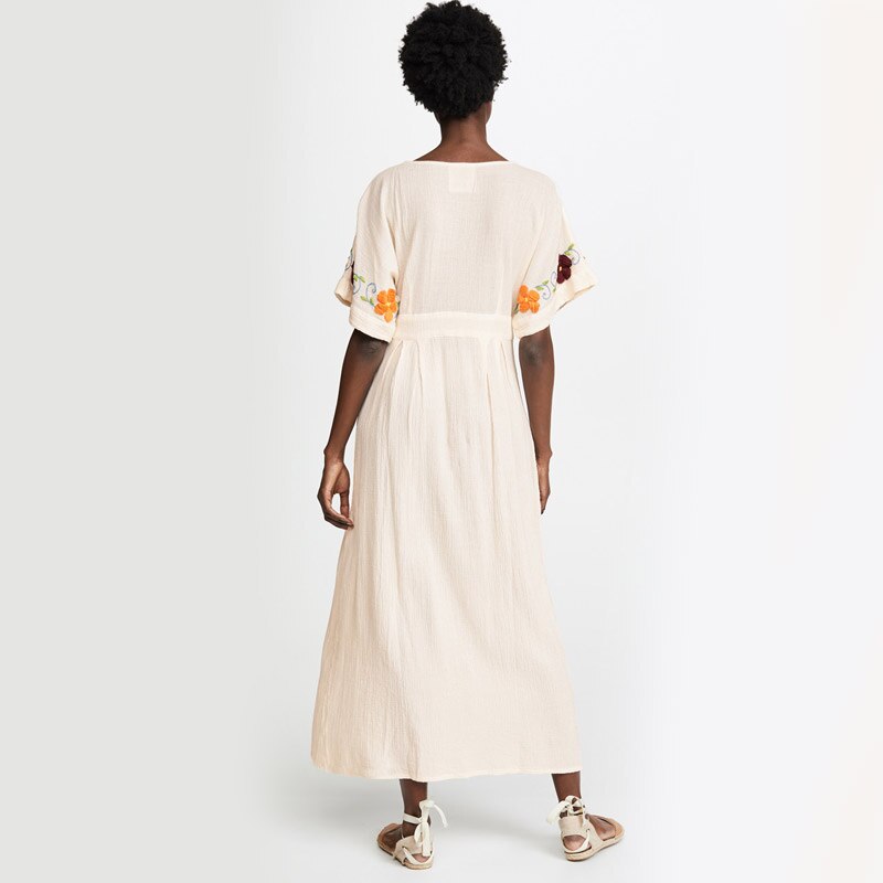 Embroidered Flowers Cotton Boho Maxi Dress