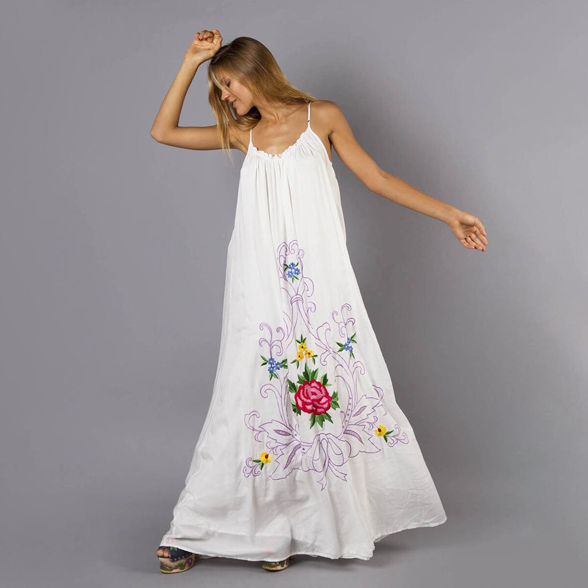 Boho Flower Embroidered White Cotton Maxi Dress