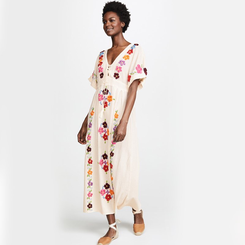Embroidered Flowers Cotton Boho Maxi Dress