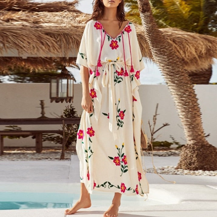 Boho Pink Flowers Embroidered Maxi Dress