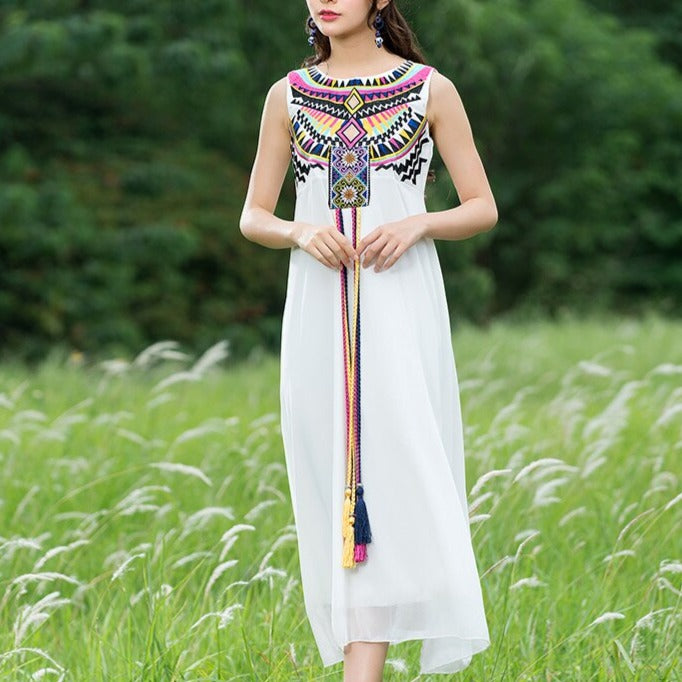 Geometric  Embroidery Tassel Sleeveless Midi Dress