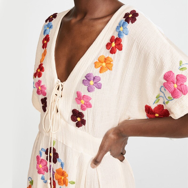 Embroidered Flowers Cotton Boho Maxi Dress