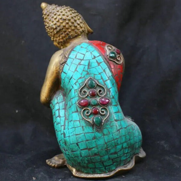 Antique 7.6-inch Pure Copper Meditation Buddha with Turquoise Inlays. Nepalese Craftsmanship