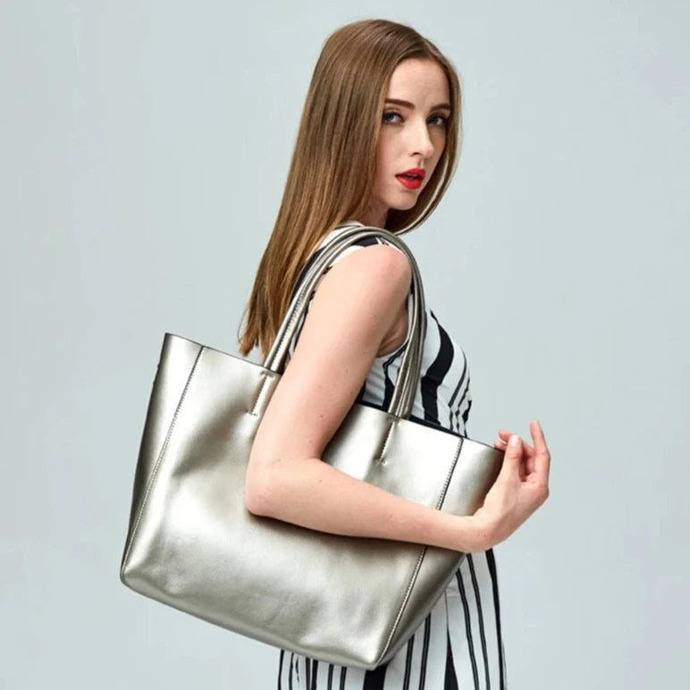 Silver Genuine Leather Shoulder Bag
