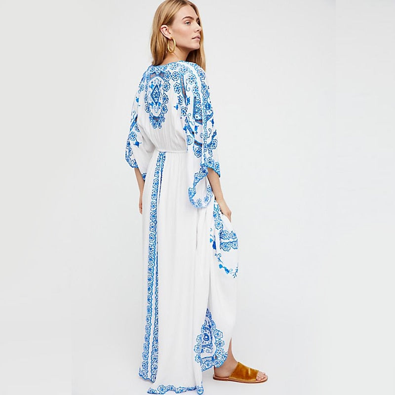 Bohemian Cotton Blue and White Porcelain Embroidery Maxi Dress with Flared Sleeves