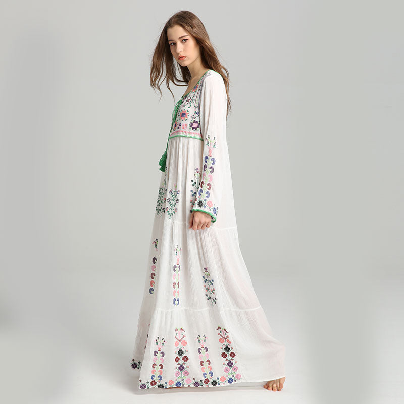 Bohemian Embroidered Cotton Maxi Dress