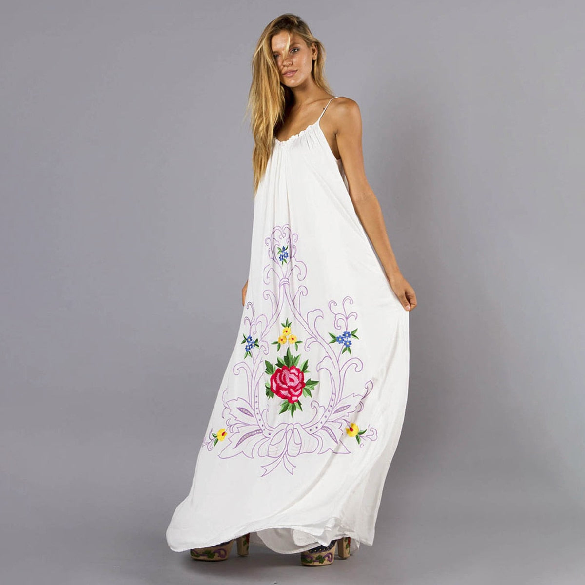 Boho Flower Embroidered White Cotton Maxi Dress