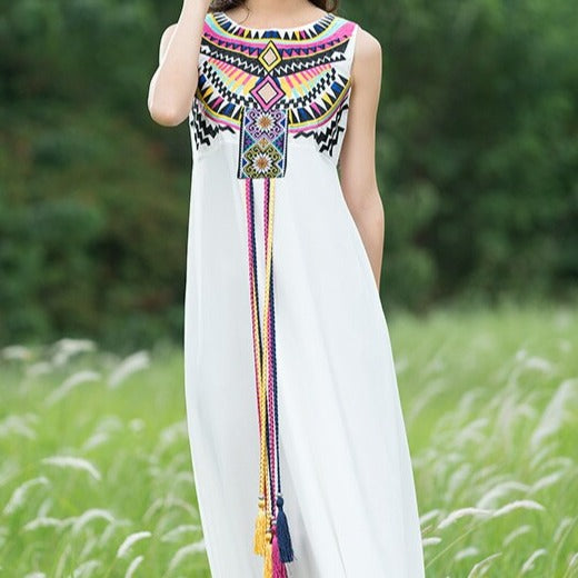 Geometric  Embroidery Tassel Sleeveless Midi Dress