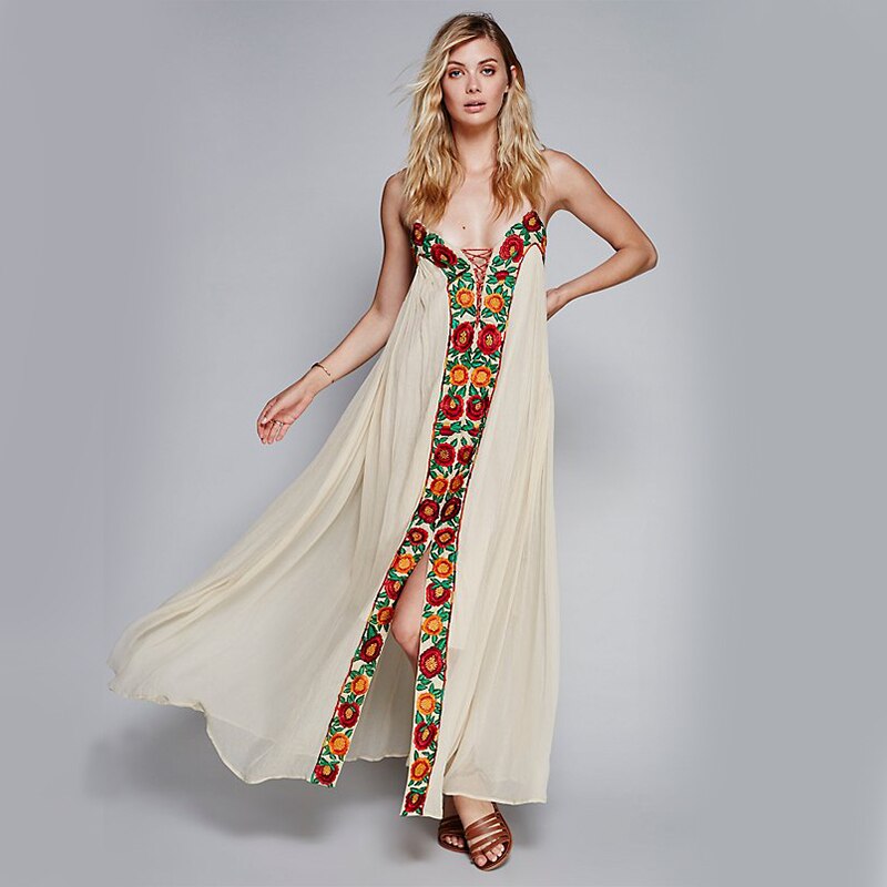 Bohemian Floral Embroidery Boho Maxi Dress